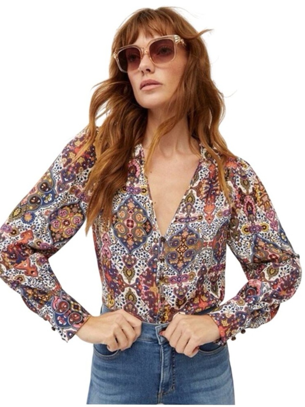 Veronica Beard Sura Print Blouse Long Sleeve Boho Tapestry Top Women’s - Size 14